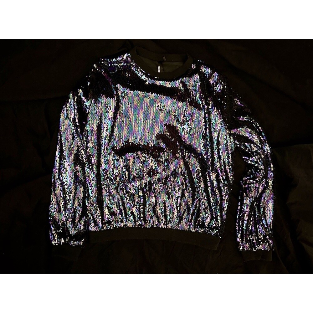 Women's Sequin Velvet Blouse Multicolor Oil Spill Rainbow Peacock Iridescent M/L
